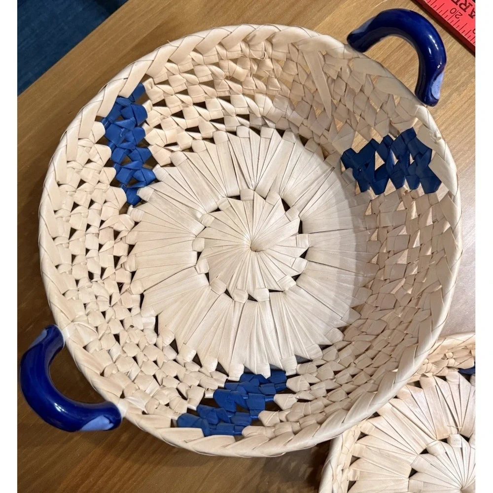 Vintage Wicker Bread Baskets Set of 2 Blue Ceramic Handles